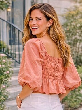 Strut & Bolt Smocked Puff‑Sleeve Blouse